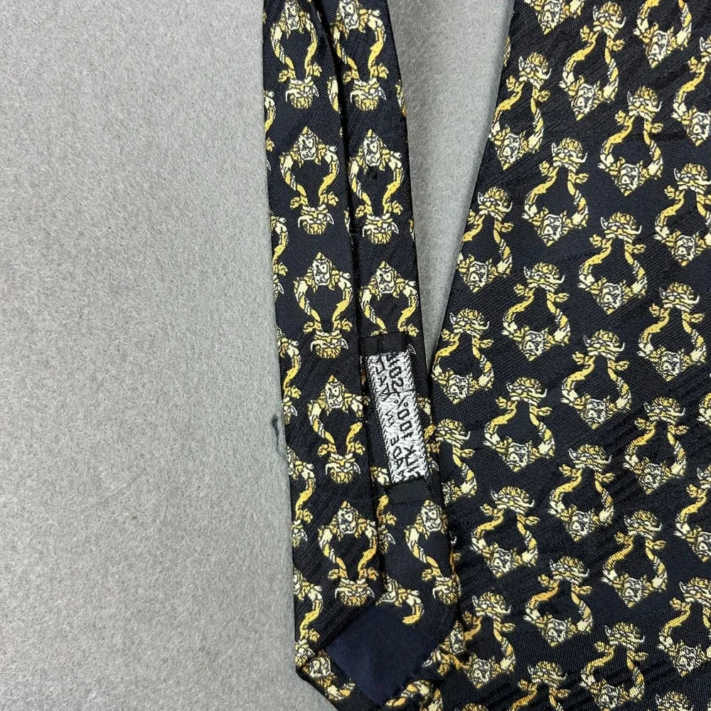 Brioni Necktie Silk Ornate Crest Pattern Mens OS Black Gold